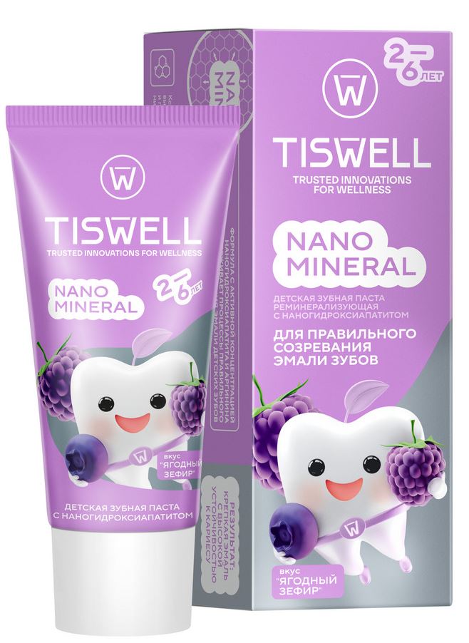 
Зубная паста детская Tiswell со вкусом ягодного зефира Nano Mineral 60г