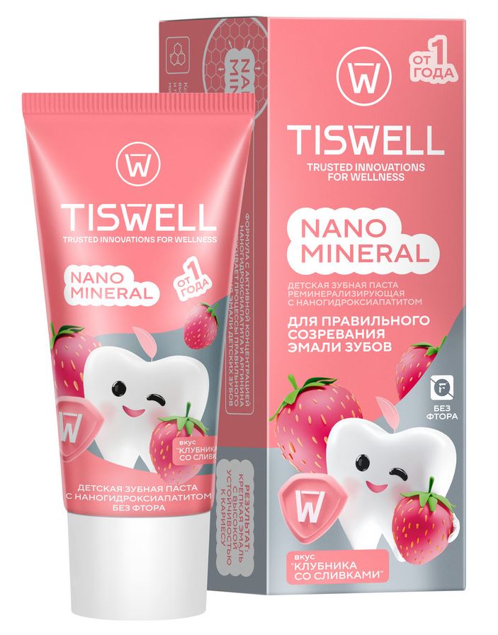 
Зубная паста детская Tiswell со вкусом клубничного пломбира Nano Mineral 60г