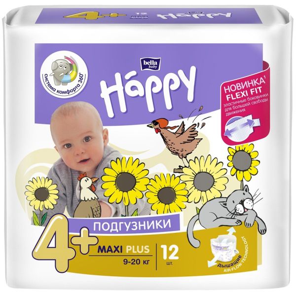 Подгузники Happy для детей Maxi Plus (9-20 кг), 12 шт фотография